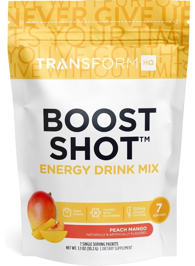 TransformHQ Boost Shot Powder Drink Stick Packets, Peach Mango, 7 Pack, Energy Supplements - Image 1